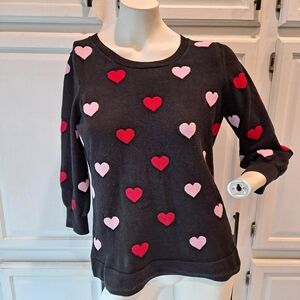 Adrianna Pappell Black Sweater with Pink and Red Hearts Soft Cotton Viscose 3/4